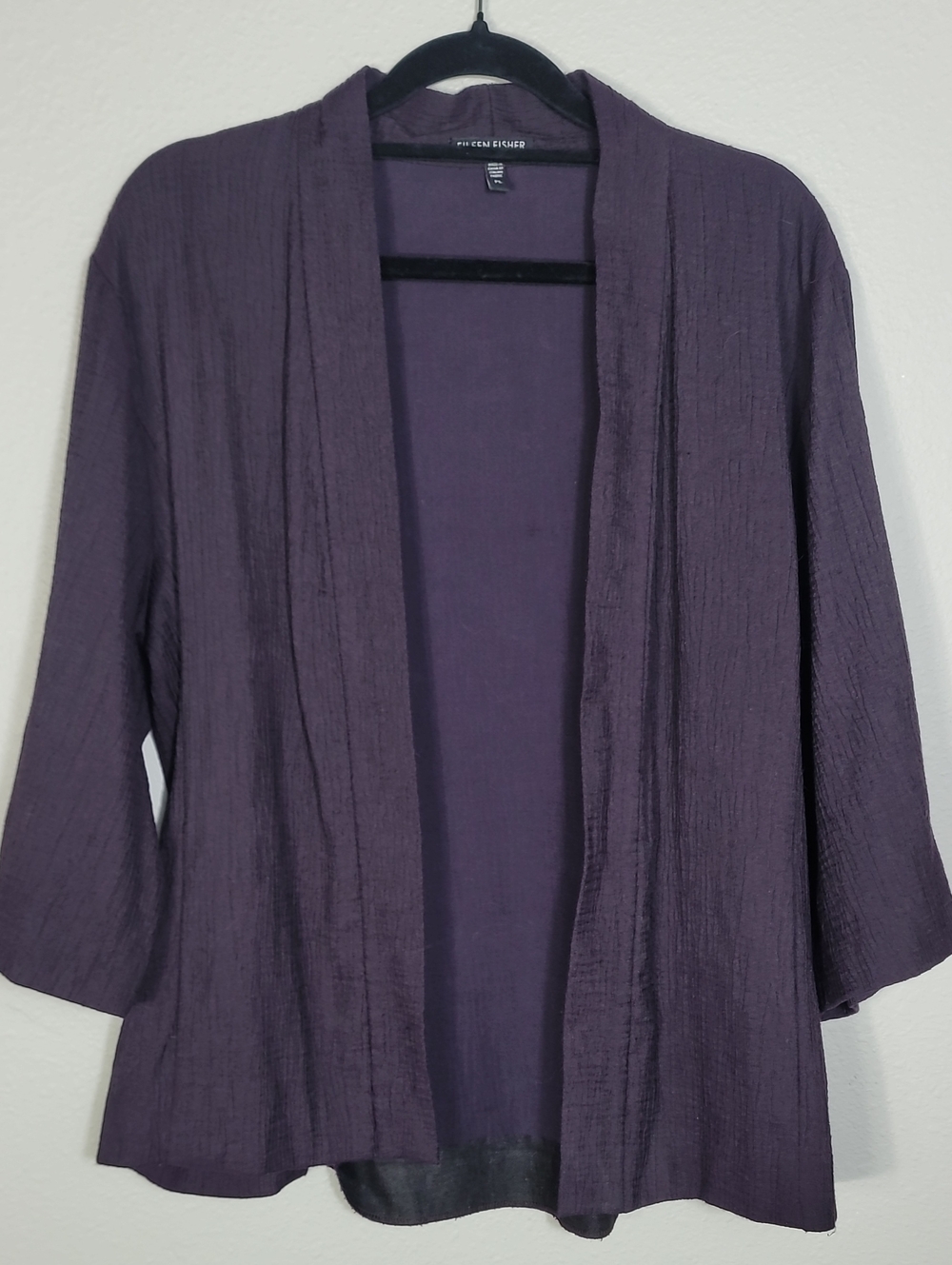 Eileen Fisher Crinkle Open Cardigan Size Large Petite Dark Purple Maroon